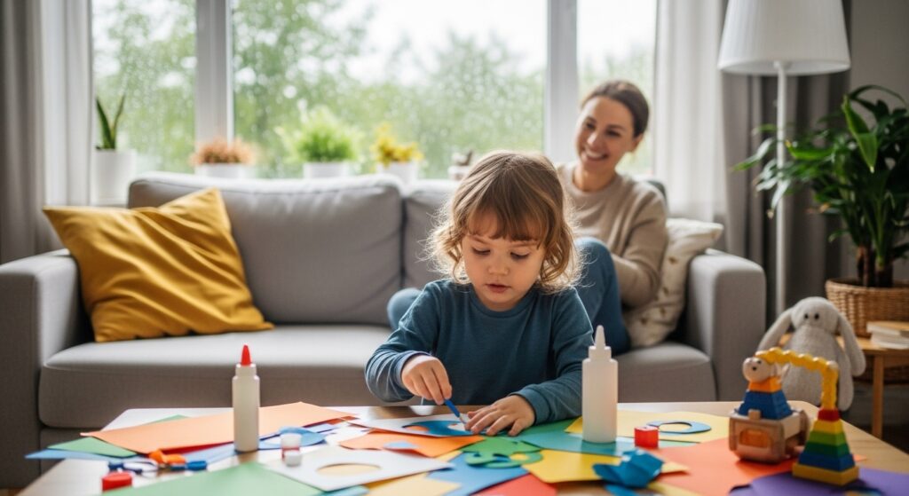 Preschooler building a colorful craft during indoor activities for preschoolers on a rainy day