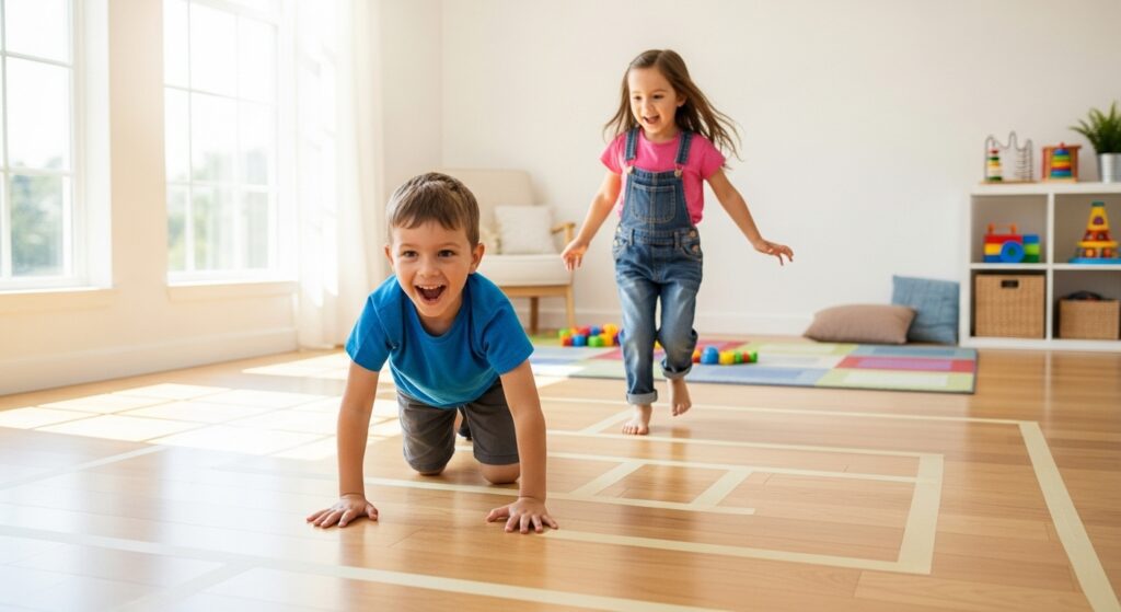 Kids are playing mouse hunting game indoors while their energy getting loose