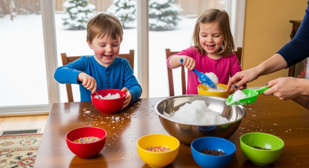 Preschoolers making snow ice cream Indoor