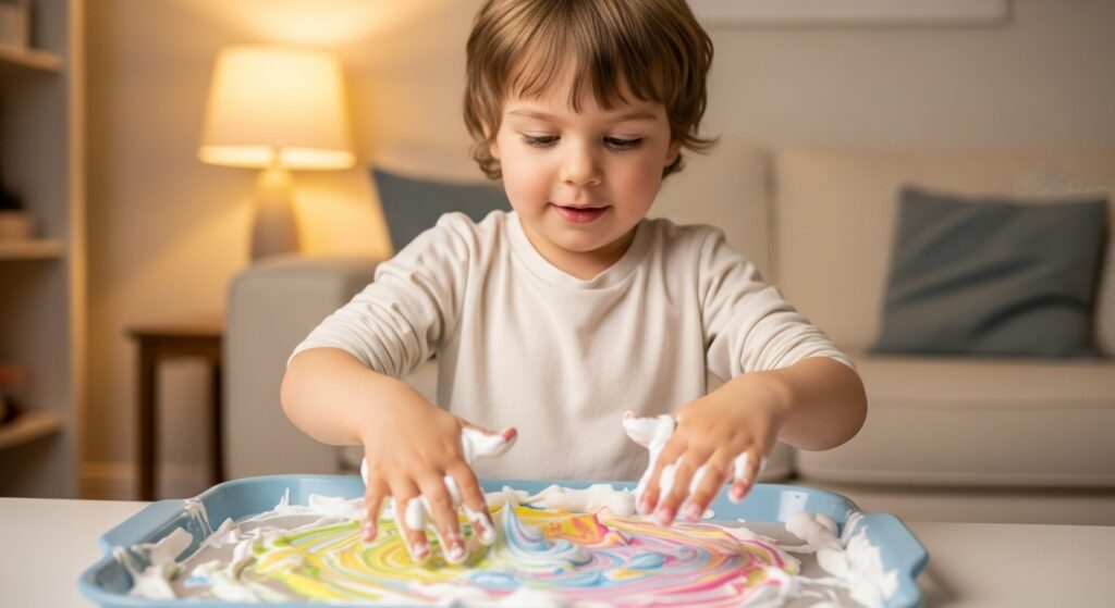 Preschool child playing with marbled shaving cream pies indoors