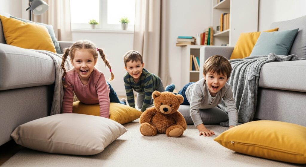 kids enjoying Go on a Bear Hunt game in cozy apartment