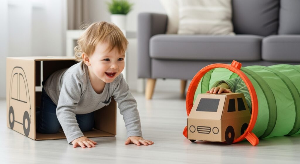 Small boy is playing with cardboard boxes 