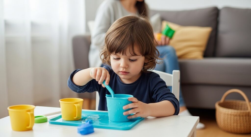 Solo child is playing with cups when it's mother is busy