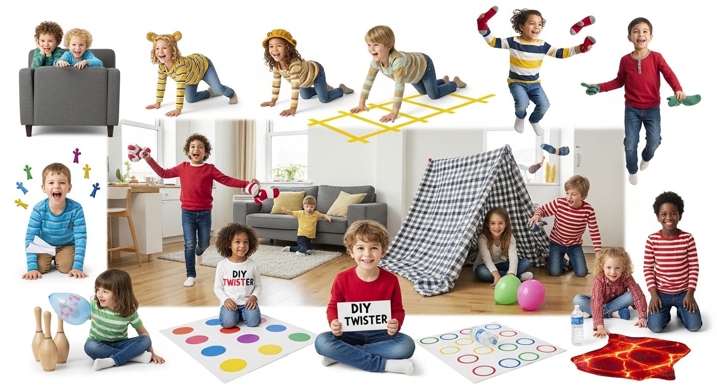 Kids playing different indoor games in small room