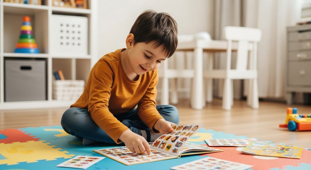 Little preschooler playing solo with stickers