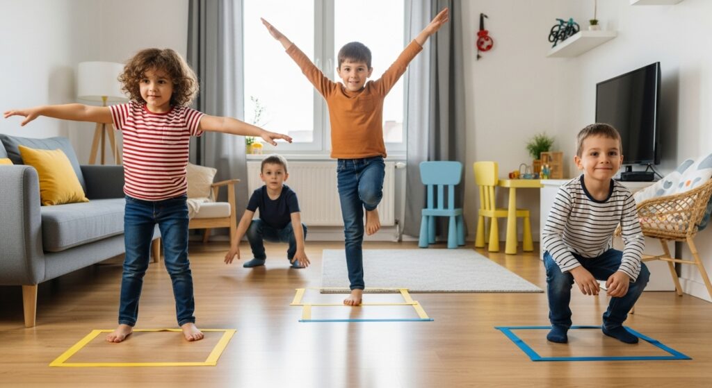 Indoor kids playing up to down go game in small room