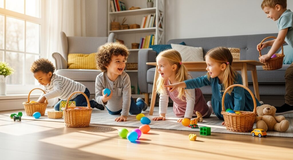 Small child searching for colorful hidden eggs indoors