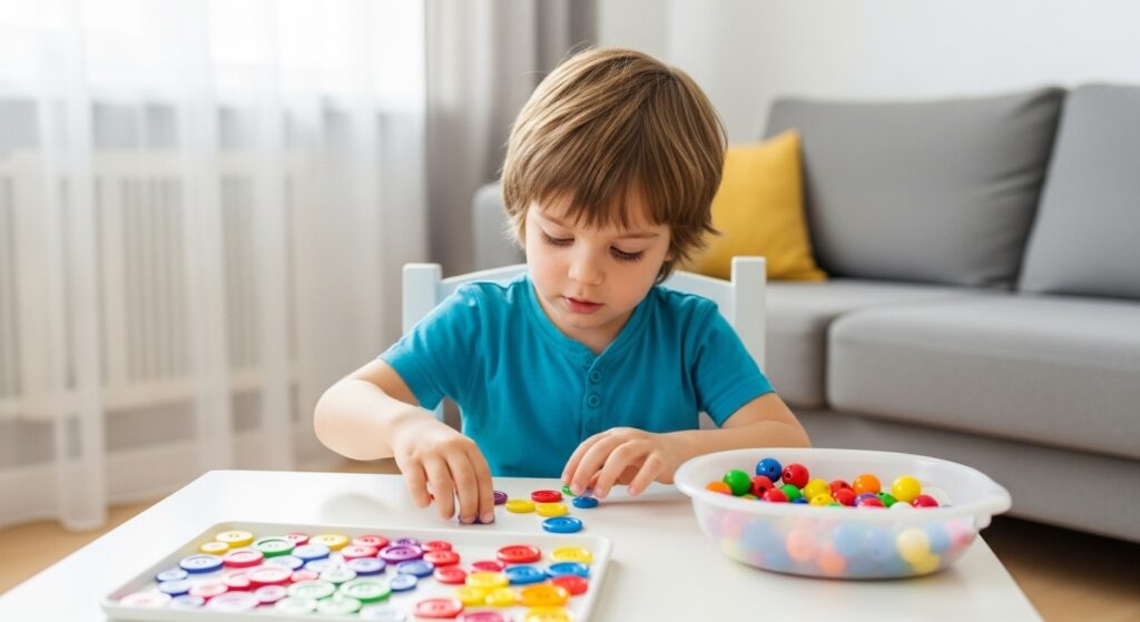A preschooler is busy in household items sorting colorful big buttons and beads activity