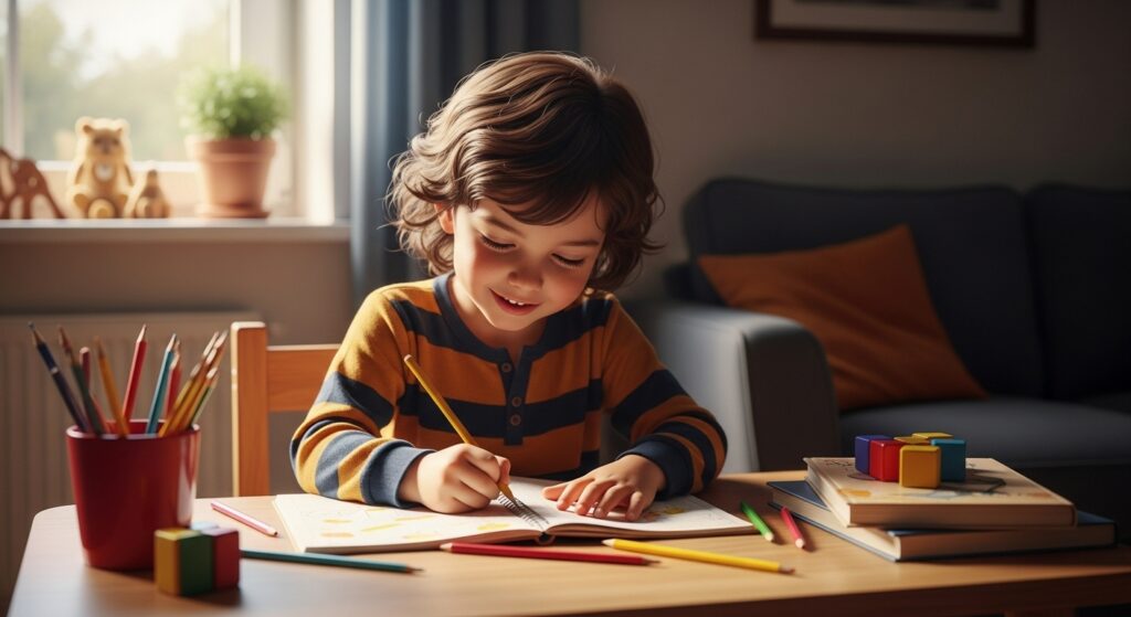 Cute Preschooler busy in journaling while his mother was also busy