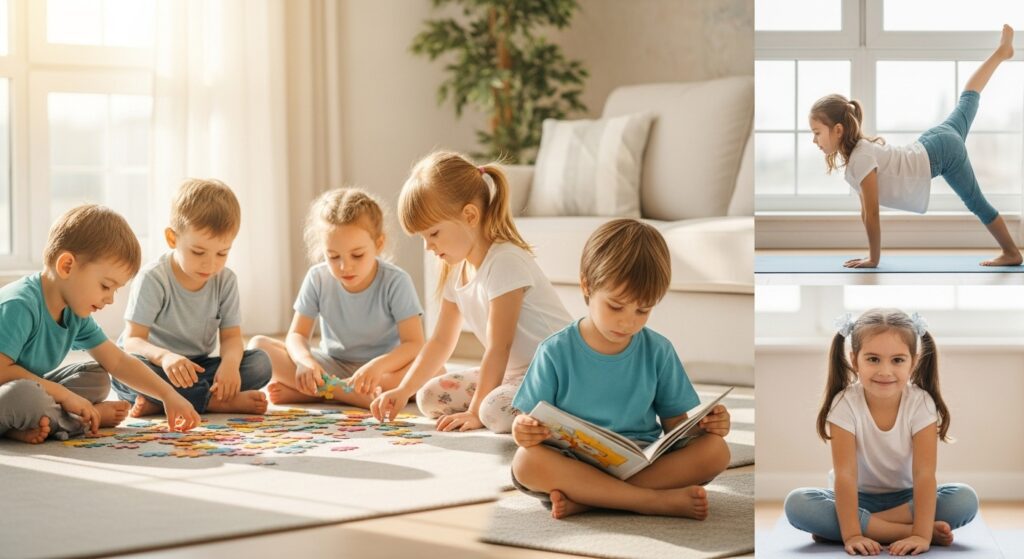 children doing puzzles, reading, and yoga indoors in summer