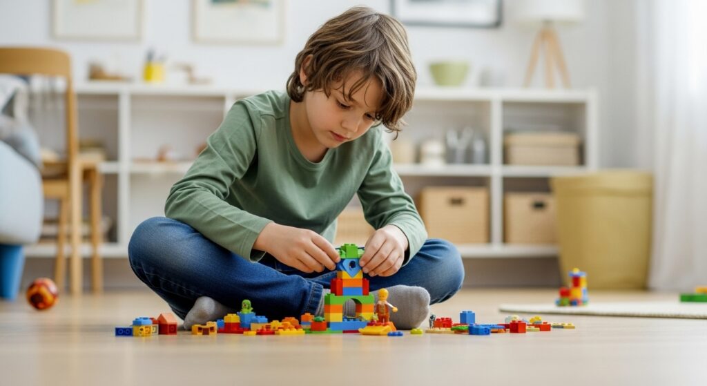A cute preschooler playing alone while his mother is busy