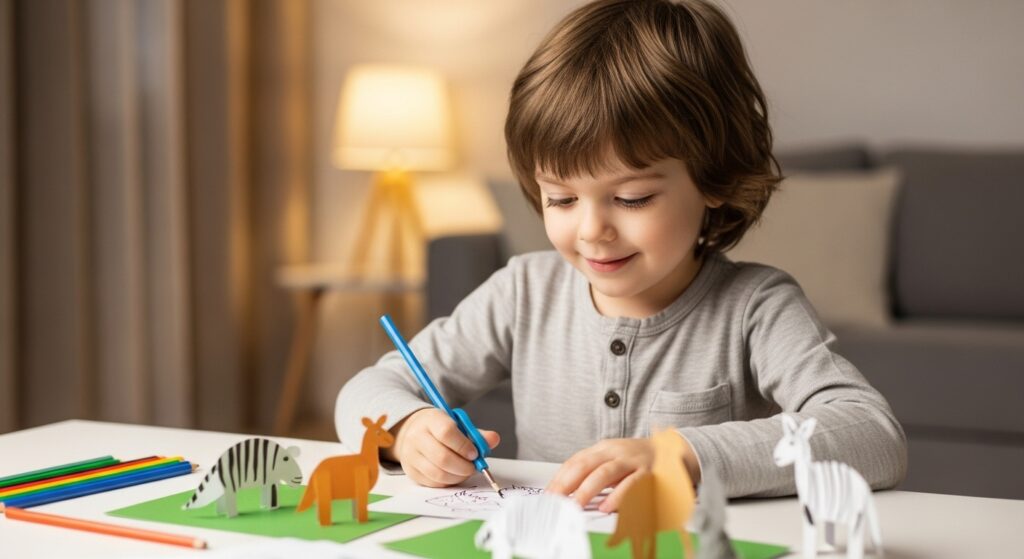 Preschool child building a mini paper zoo indoors