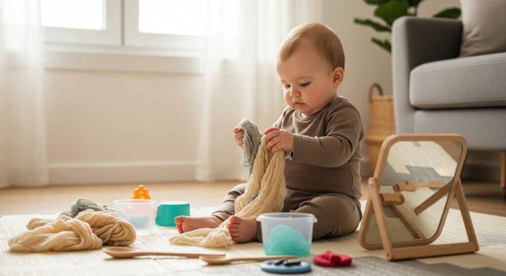 A little boy is playing indoor with household items