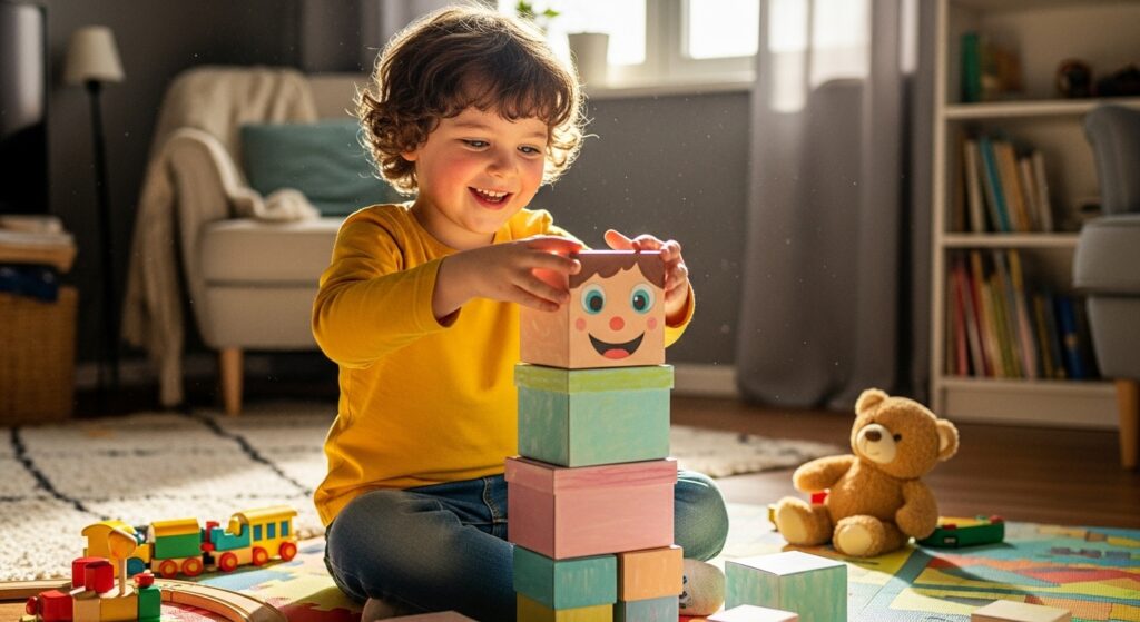 Preschool child building a mix-and-match stacking puzzle indoors