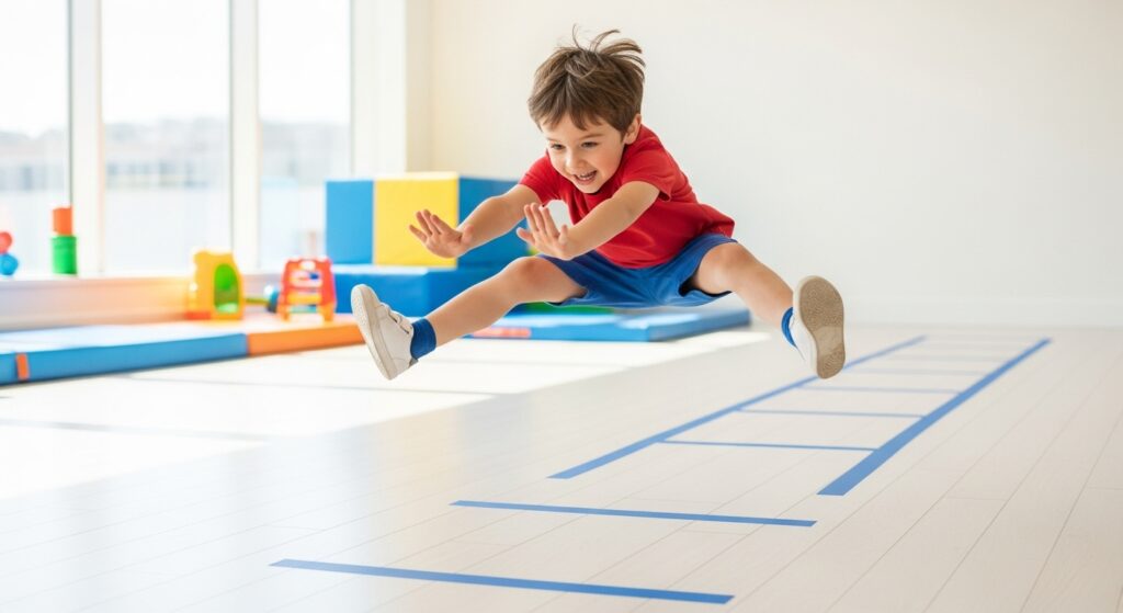 Little boy doing jump indoor while loosing high energy