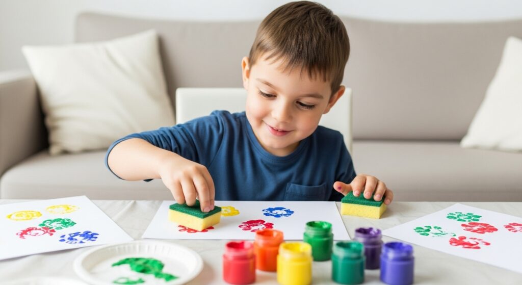 A boy is turning household sponges into non-toxic colorful paint