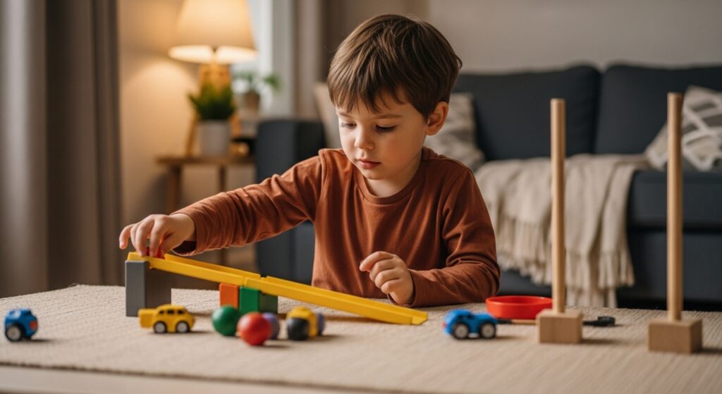 Preschool child doing science and learning activities indoors