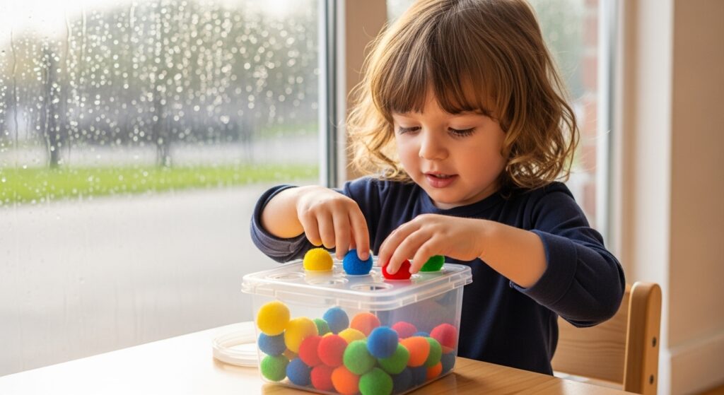 Preschooler playing Pom Pom Push indoor activity on a rainy day