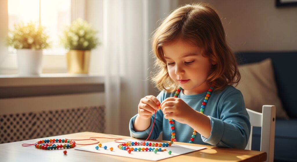 Preschooler writing in a notebook indoors