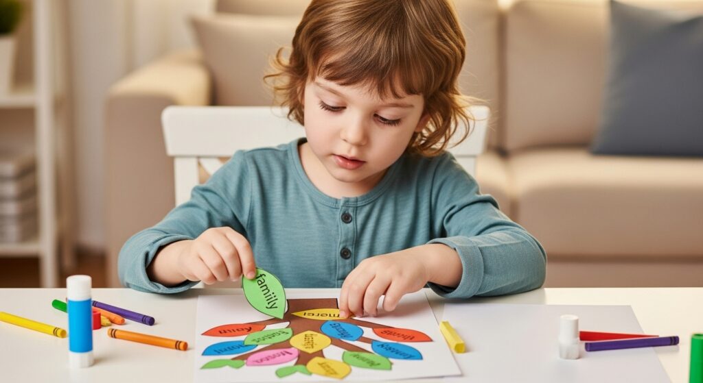 A preschooler making family tree indoors while it has been raining outside