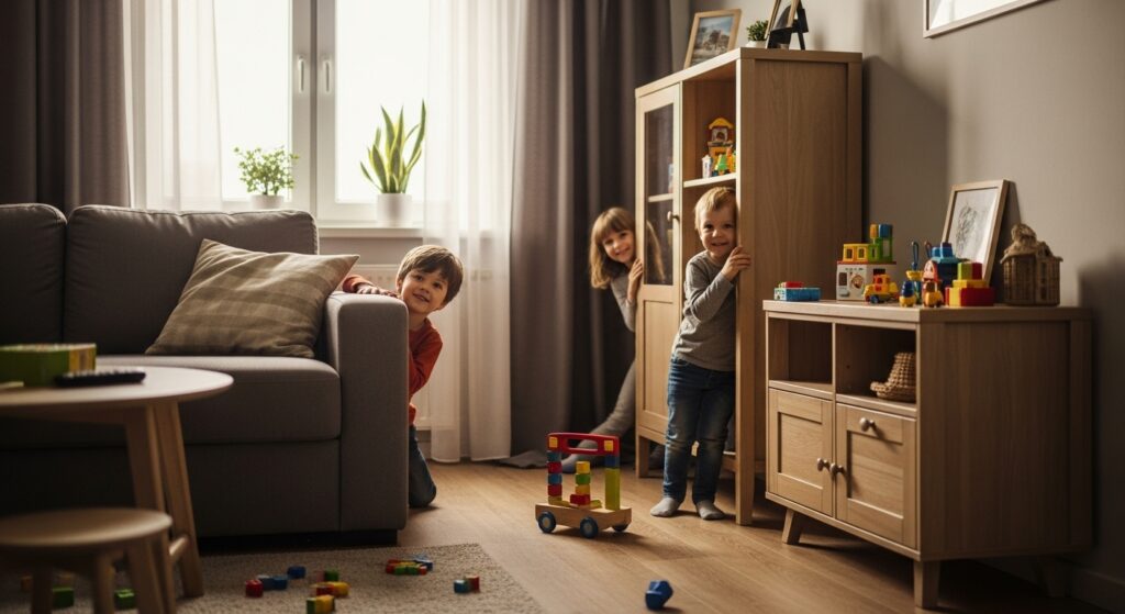 Kids are playing hide and seek in small room