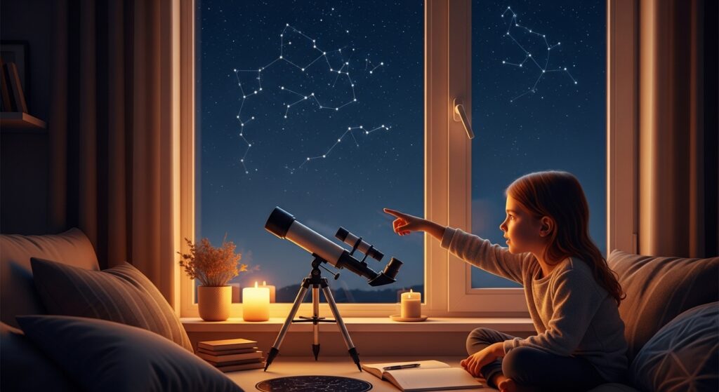 A little girl is looking starts with microscope from her bed with low energy