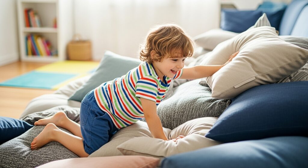 A little boy playing with pillow mountain indoors