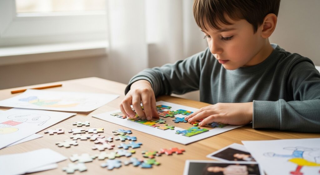 A little child is playing jigsaw puzzle game indoor even with low energy