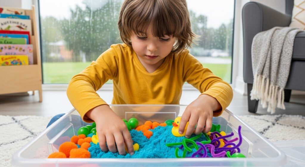 Child playing with colorful sensory bin indoors on a rainy day