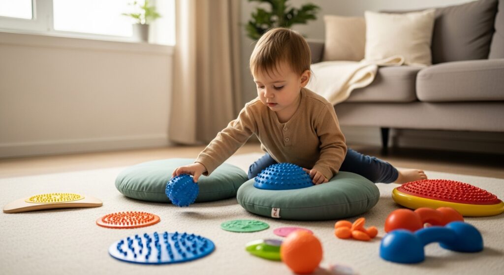 A young autistic child engaged in sensory integration activities