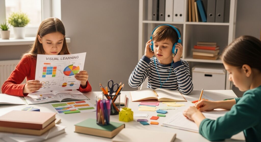 Child using different learning styles for studying before exams starting