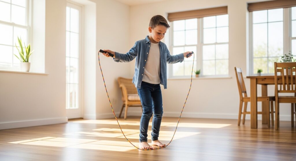 A small boy is doing morning skipping exercise