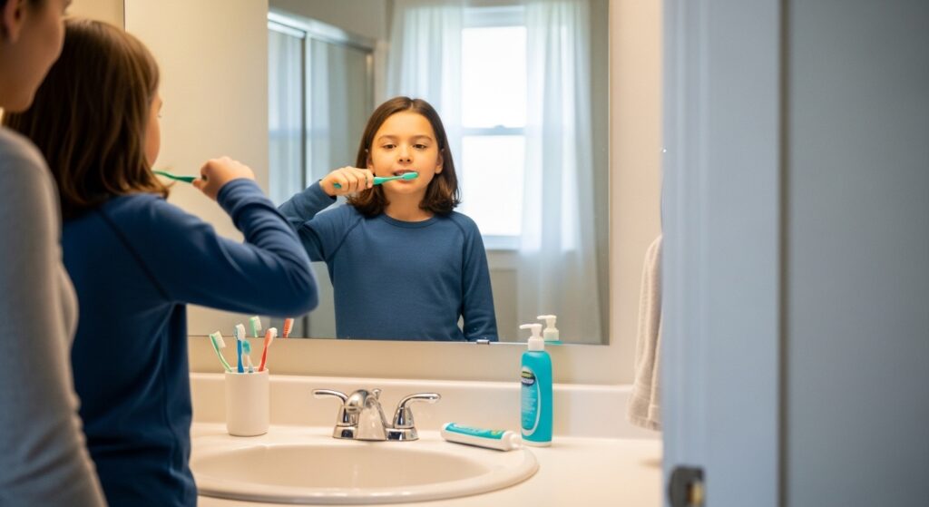 A student doing teeth brush in morning routine