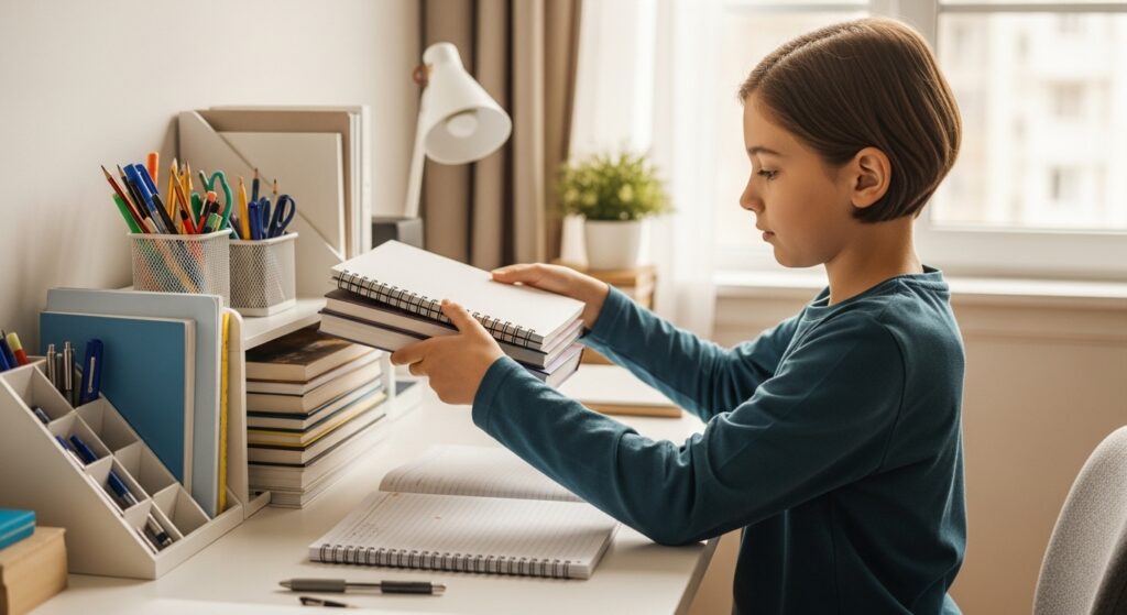 A student organizing his study material at one place before exams