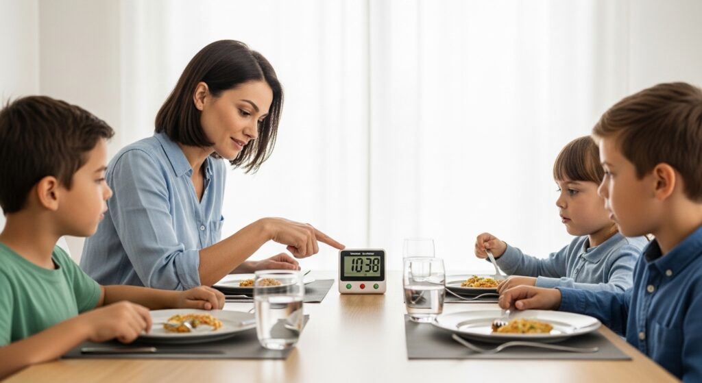 A mother is following visual time strategy on the dining table
