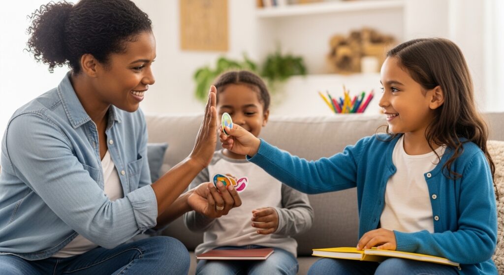 A young mom is rewarding her child's for following morning routines