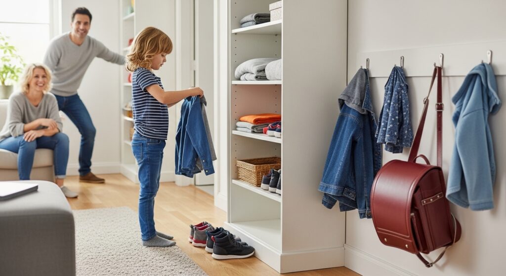 Parents are watching how their child is following independent morning routine ideas