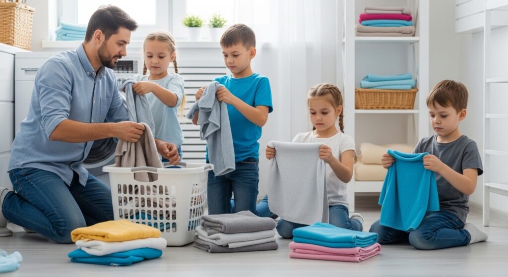 A parent is Organizing Laundry at Weekend with school kids