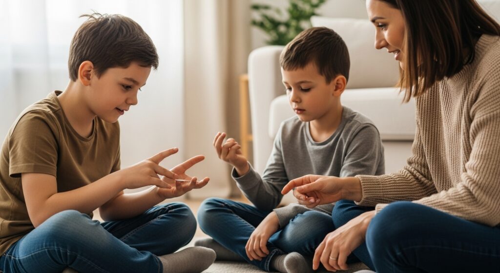 A mother is teaching her Autistic Child's to play communication skills building activities