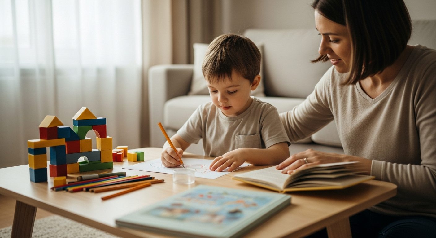 Mother encouraging his Autistic child to play indoor