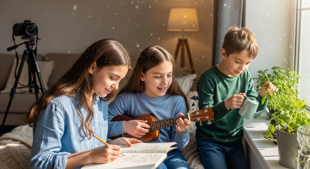 School students exploring new hobbies while enjoying winter holidays 