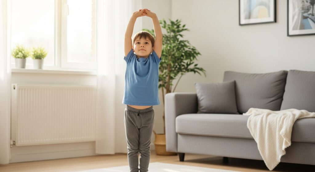 A school boy doing stretching exercise in morning