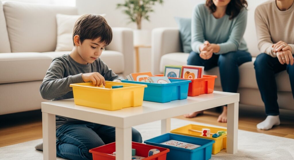 Autistic Preschooler is playing with boxes while his parents are watching him